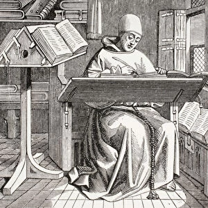 A monk scribe surrounded by manuscripts and books at his desk, after a 15th century work
