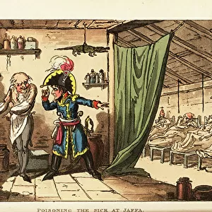 Napoleon Bonaparte ordering the poisoning of plague-ridden English troops after the Siege of Jaffa. Egyptian Campaign, 1799. Handcoloured copperplate engraving by George Cruikshank from The Life of Napoleon a Hudibrastic Poem by Doctor Syntax, T