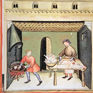 Nova 2644 fol. 80r The butcher s: Cooking liver, from Tacuinum Sanitatis (vellum)