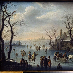 Patineurs (Ice skaters). Peinture de Claes Molenaer (Klaes, 1630-1676). Huile sur bois. Art hollandais, style baroque. State Art Museum, Tula (Musee national de Toula, Russie)