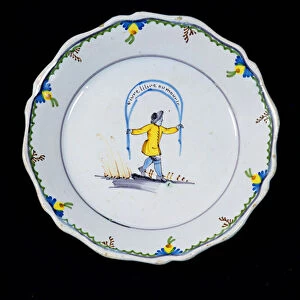 Plate decorated with a person holding a Live Free or Die banner (ceramic)