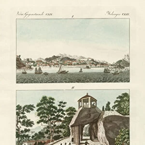 The Portuguese colony of Macau in China (coloured engraving)