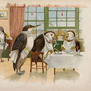 Puffins dining in a restaurant with penguin waiters (chromolitho)