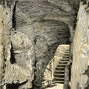Roman Empire: the entrance of the catacombs under Rome (Italy), where the first Christians hid. Colour engraving, 19th century