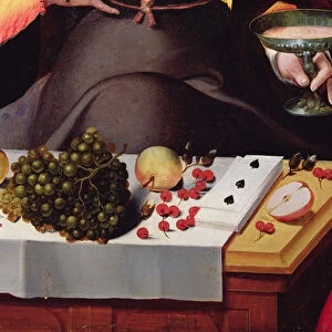 Scene Galante at the Gates of Paris, detail of fruits, playing cards and a goblet