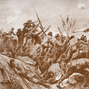 Second-Lieutenant G. H. Woolley in the defense of Hill 60 with his men (litho)