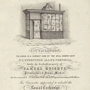 Shop of Samuel Knights, printseller and frame maker, 3 Sweetings Alley, Cornhill, City of London (litho)