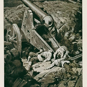 Silenced Russian gun battery, Siege of Port Arthur, Russo-Japanese War, 1904-1905 (litho)