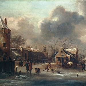 Skating Scene: Figures On The Ice Near The Walls Of A Town (oil on panel)