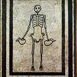Skeleton holding two pitchers. 1st century (mosaic)
