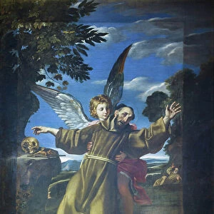 St Francis being held up by an angel whilst in ecstasy, (painting)