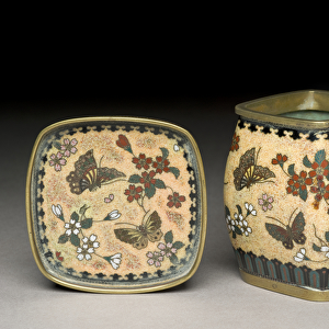 Tobacco jar and stand with butterflies and flowers, c. 1880 (cloisonne enamel)