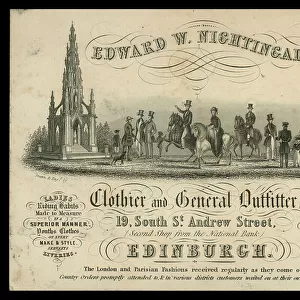 Trade card for Edward W Nightingale, clothier and general outfitter, Edinburgh (engraving)