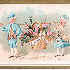 Victorian greeting card of a boy and girl in costume carrying a wicker basket of roses, c