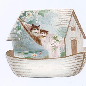 A Victorian greeting card of a cat and a kitten in a hammock on a houseboat, c