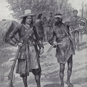 William Dampier with an indigenous man during his exploration of Australia, late 17th century (litho)
