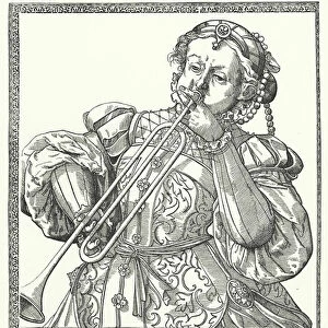 Woman playing a trombone or sackbut (engraving)