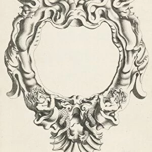 Cartouche with lobe ornament, down two sea gods, Michiel Mosijn, Gerbrand van den