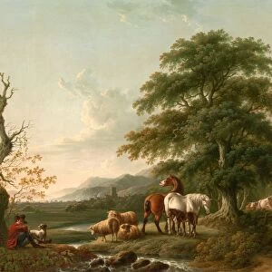 Landscape with a Shepherd Horses, Sheep and Cattle in a Romantic Landscape Signed on tree
