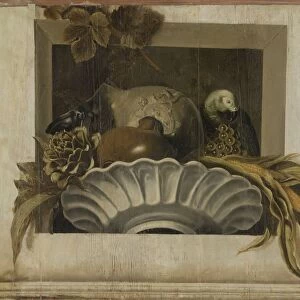 Still Life with a Bowl of Corn, Artichokes, Grapes and a Parrot, Jacob van Campen
