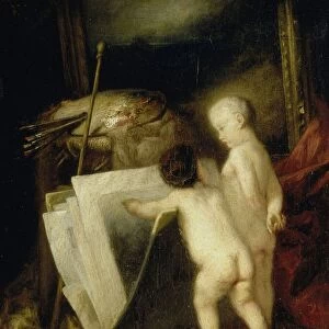 little art lovers painting studio two naked children view