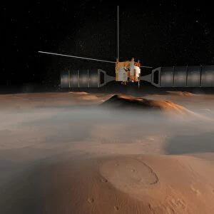 Artists concept of Mars Express spacecraft in orbit around Mars