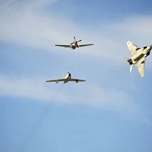 A F-22 Raptor, F-86 Sabre, P-51 Mustang and F-4 Phantom in a heritage flight