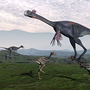 Gigantoraptor surrounded by small Mononykus dinosaurs