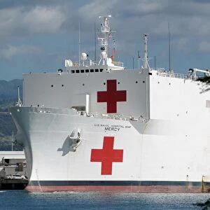 The Military Sealift Command hospital ship USNS Mercy moored in Pearl Harbor