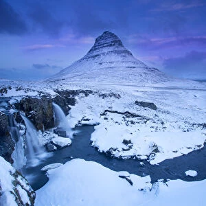 Kirkjufell mountain, landscape at dawn with waterfall in foreground, Snaefellsnes peninsula