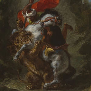 Arab Horseman Attacked by a Lion, 1849 / 50. Creator: Eugene Delacroix