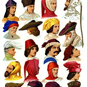 Mens hats of different classes of society, 13th-16th century (1849). Artist: Thurwanger Freres