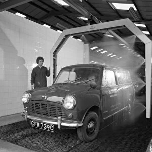 Mini van being washed in a car wash, Co-op garage, Scunthorpe, Lincolnshire, 1965