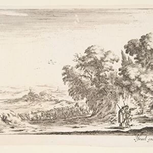 Plate 4: two pilgrims observing ruins to right, one pointing towards the right, a shep