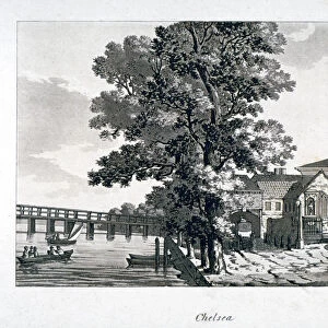 View of Chelsea Old Church with the River Thames on the left, London, c1800