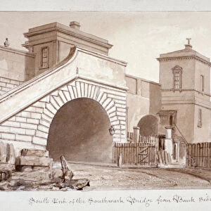View of the south end of Southwark Bridge from Bankside, Southwark, London, 1828