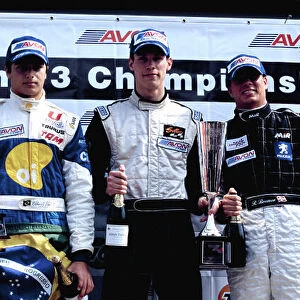 2003 British Formula Three Championship Snetterton, England. 19th - 20th Apriul 2003. Race 1 podium - Alan van der Merwe (Carlin Motorsport) 1st, Nelson Piquet Jr (Piquet Sports) 2nd and Ronnie Bremer 3rd