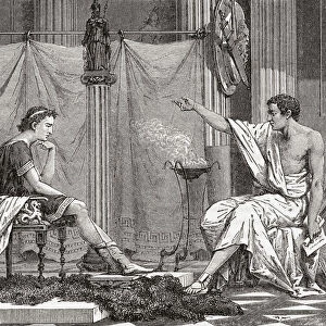 Aristotle tutoring the young Alexander the Great. Alexanders father, Philip II, King of Macedon, hired the respected Greek philosopher to educate his son. Alexander III of Macedon, known as Alexander the Great, 356 BC - 323 BC. Aristotle, 384 BC - 322 BC. After a 19th century wood engraving; Artwork
