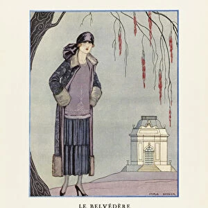 EDITORIAL Le Belvedere. The Belvedere. Robe-manteau, de Worth. Dress-coat by Worth. Art-deco fashion illustration by French artist George Barbier, 1882-1932. The work was created for the Gazette du Bon Ton, a Parisian fashion magazine published between 1912-1915 and 1919-1925