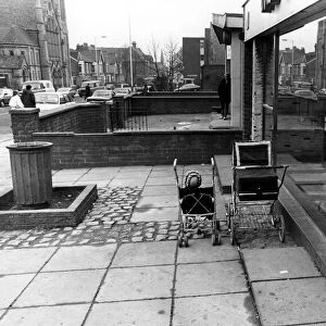Babies parked outside a chippy on Heaton Road, Newcastle on 13th March 1986