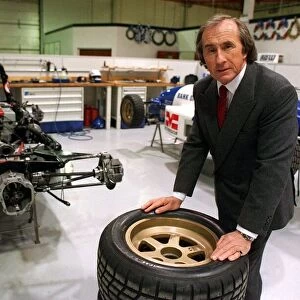Jackie Stewart in the Paul Stewart Racing workshop at Milton Keynes