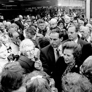 Margaret Thatcher surrounded by crowd during visit to Chester - September 1984