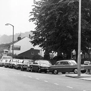 Motorists queuing for cheap Russian petrol. 29th May 1976