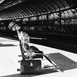 Skeleton at Kings Cross Station while British Rail drivers are on strike