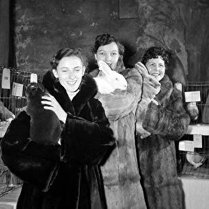 Women wearing fur coats and holding new Zealand white rabbits