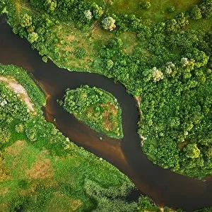 Aerial View Of Summer River Landscape In Summer Day. Top View Of Beautiful European Nature From High Attitude In Summer Season. Drone View. Bird's Eye