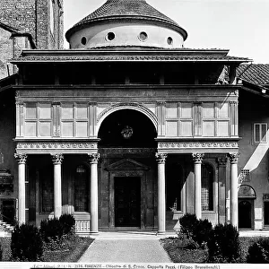 The faade of the Pazzi Chapel designed by Filippo Brunelleschi in the cloister of Santa Croce in Florence