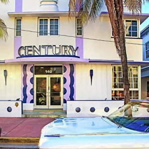Florida, South Beach, classic car parked in front of the Century Hotel